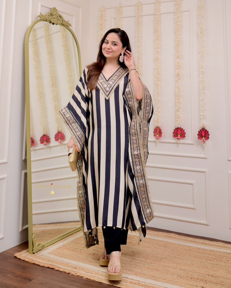 Black Ivory Striped Handwork Muslin Kaftan Set