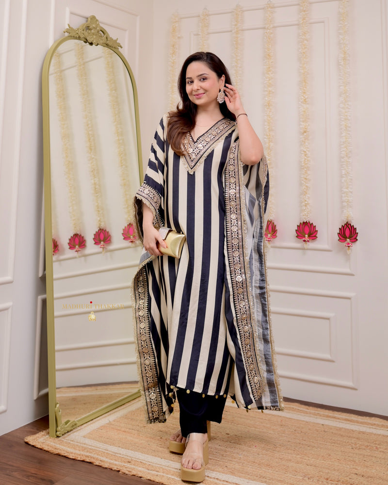 Black Ivory Striped Handwork Muslin Kaftan Set