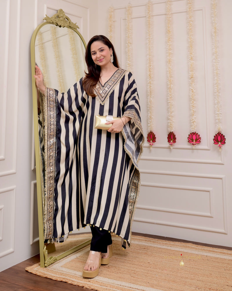 Black Ivory Striped Handwork Muslin Kaftan Set