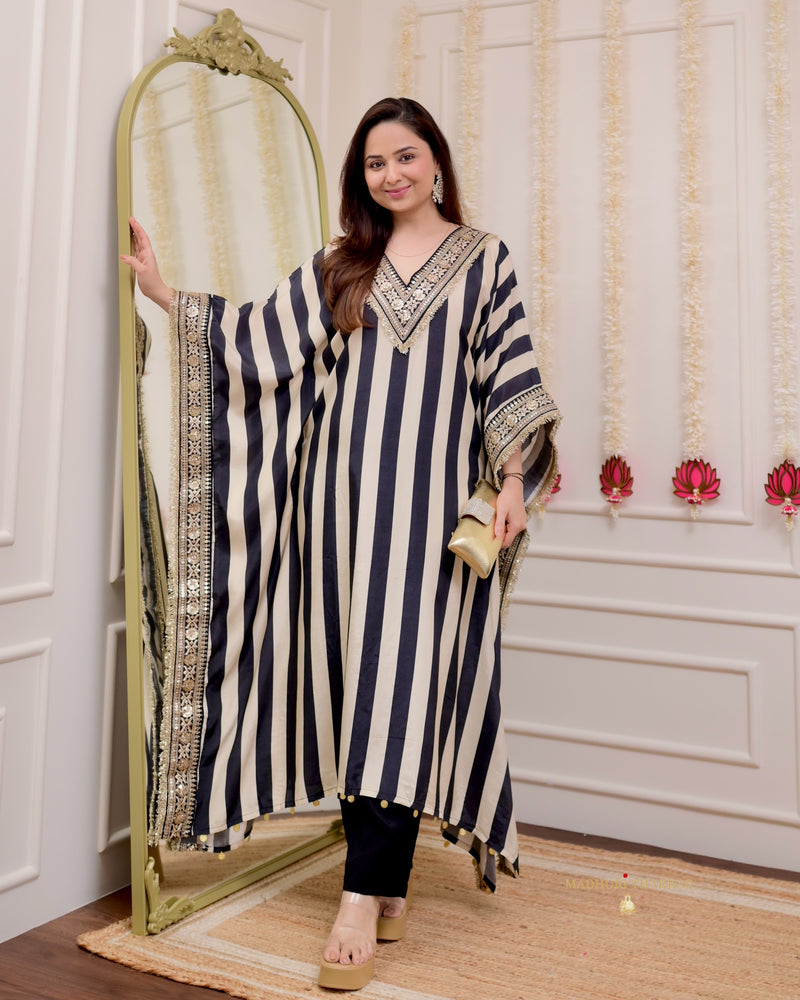 Black Ivory Striped Handwork Muslin Kaftan Set