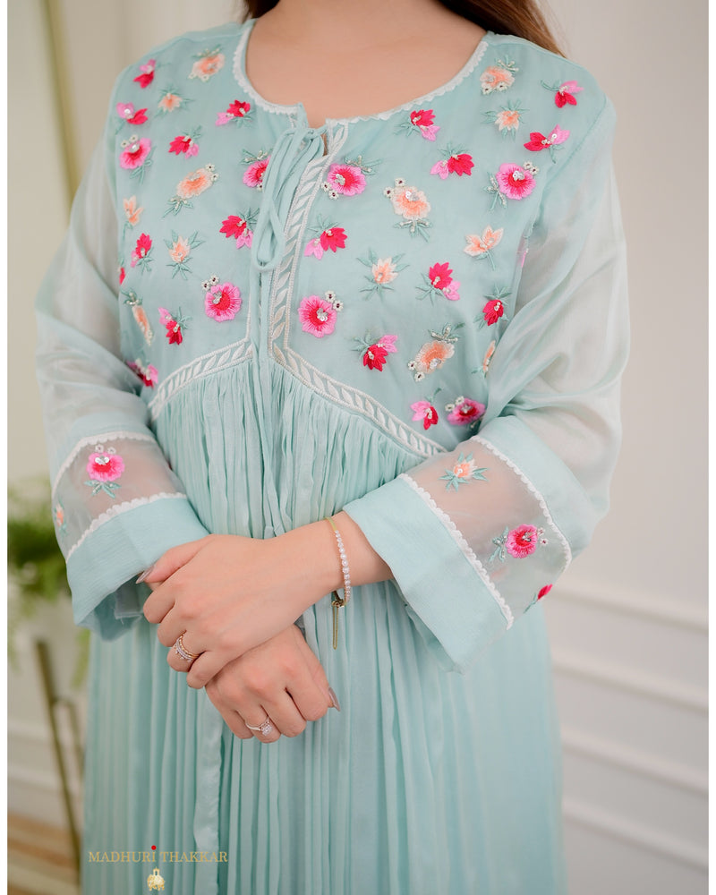 Turquoise Handwork Aline Chinnon Suit