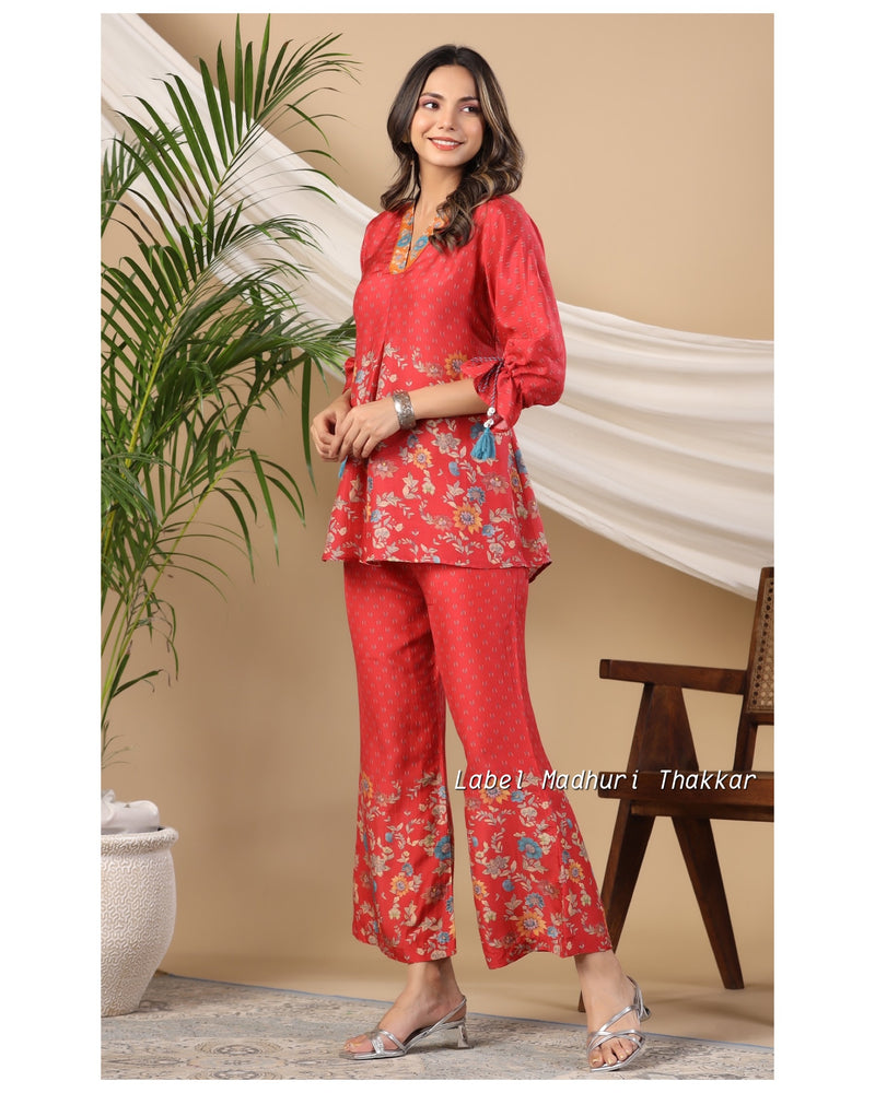 Red Front Pleat Muslin Co-ord Set