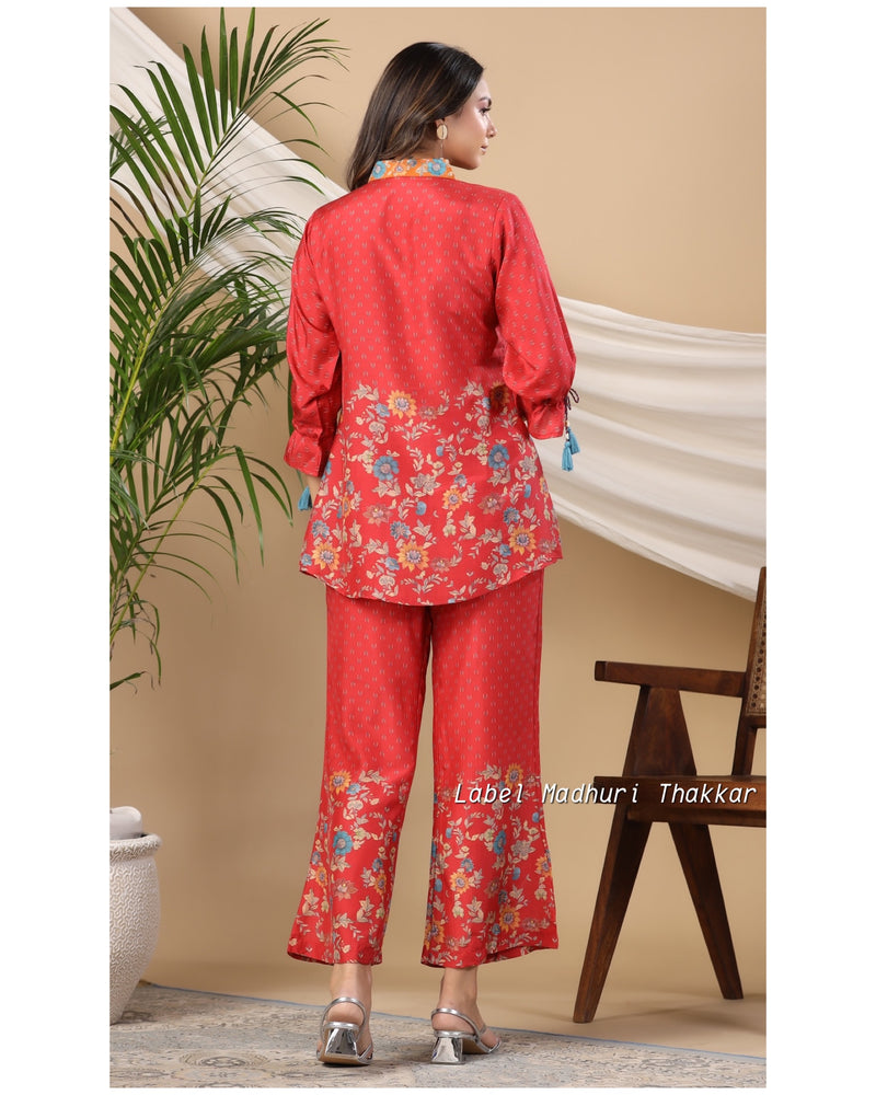 Red Front Pleat Muslin Co-ord Set