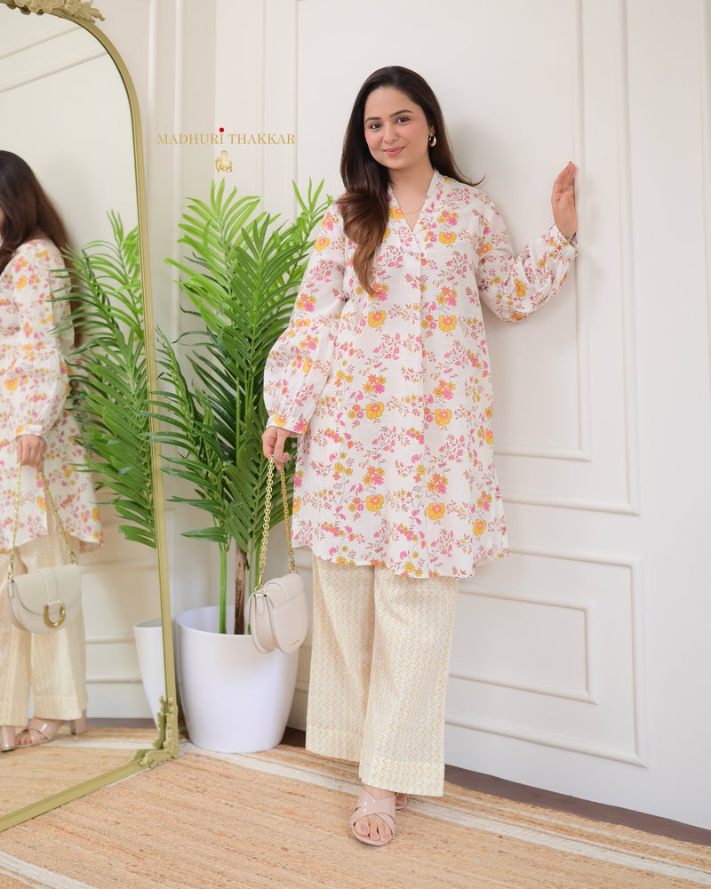 Ivory Yellow Pink Floral Cotton Co-ord