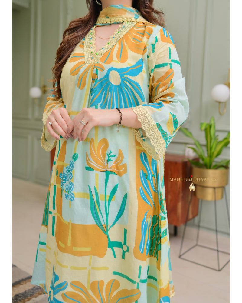 Yellow Blue Aline Premium Cotton Suit