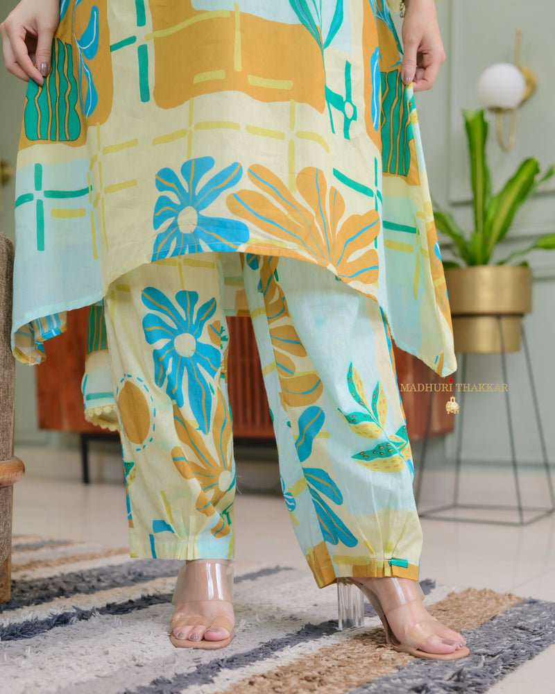 Yellow Blue Aline Premium Cotton Suit