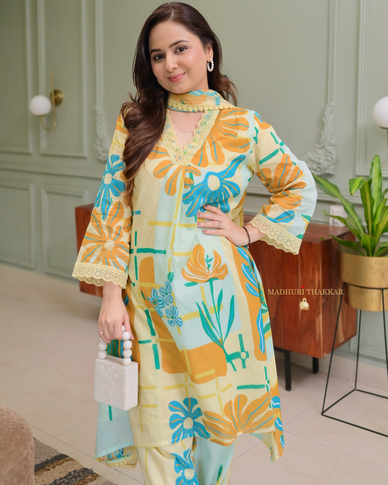 Yellow Blue Aline Premium Cotton Suit