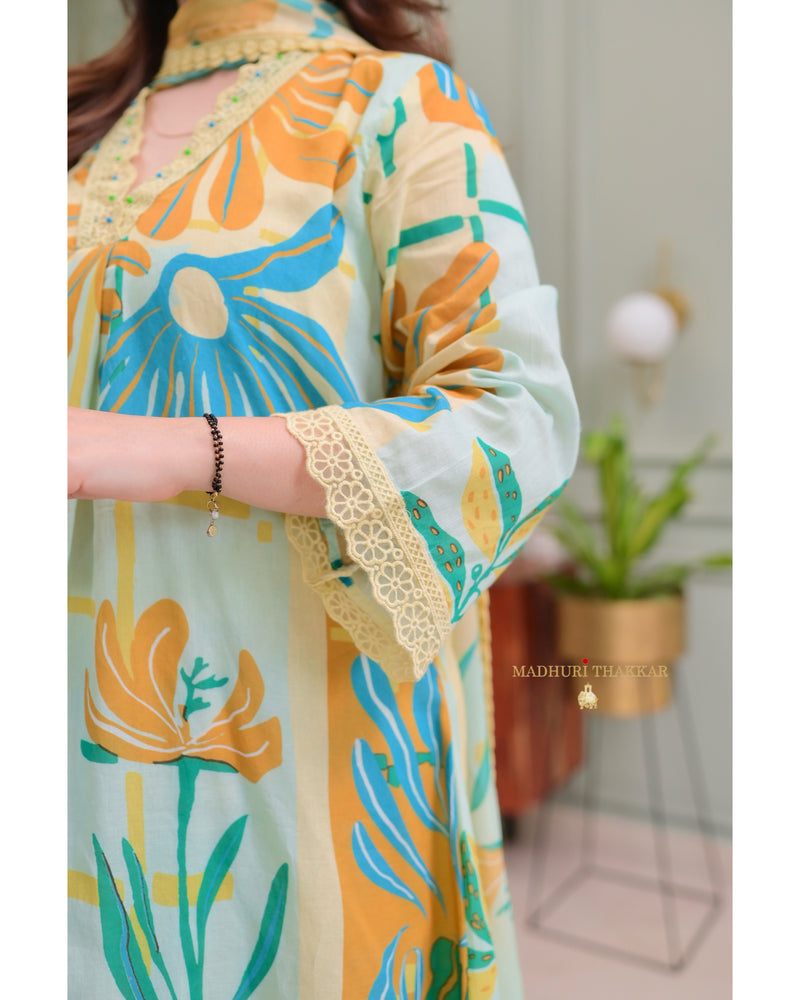 Yellow Blue Aline Premium Cotton Suit