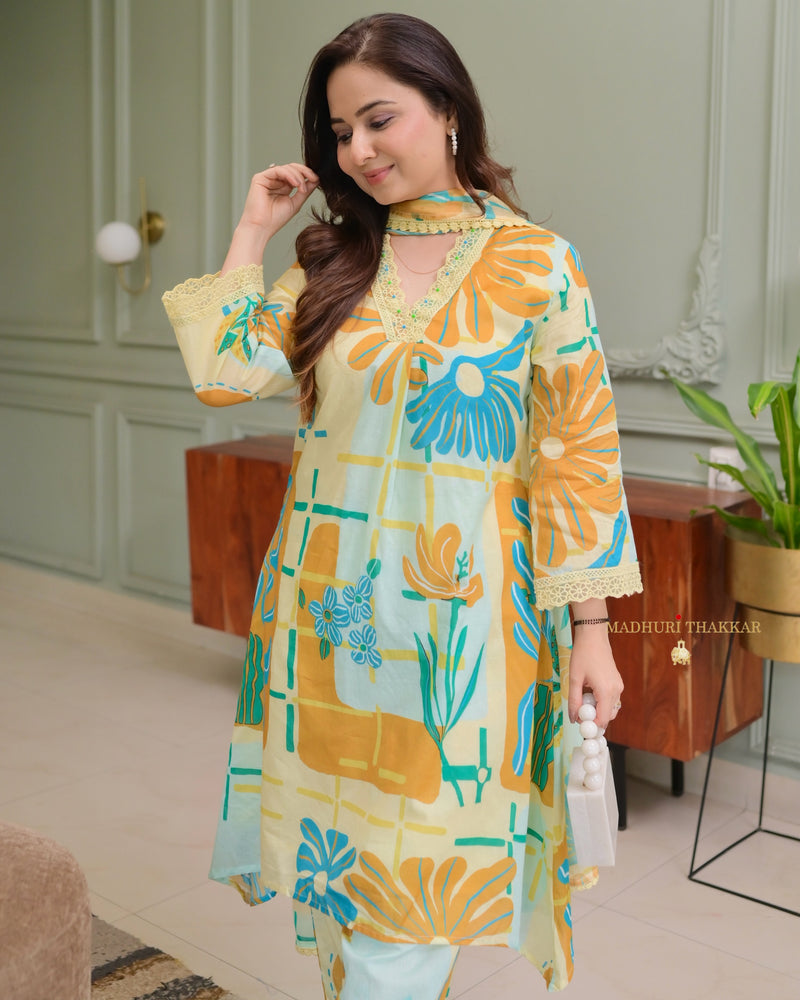 Yellow Blue Aline Premium Cotton Suit