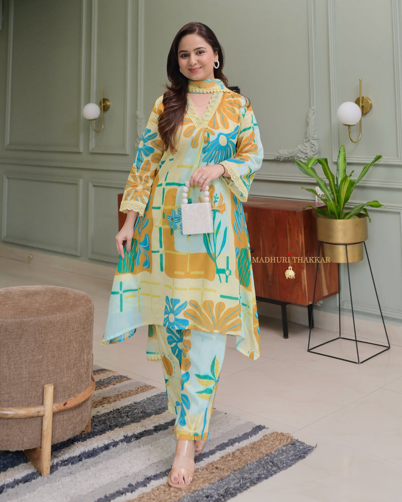 Yellow Blue Aline Premium Cotton Suit