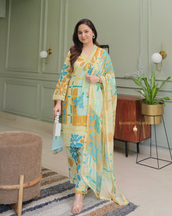 Yellow Blue Aline Premium Cotton Suit