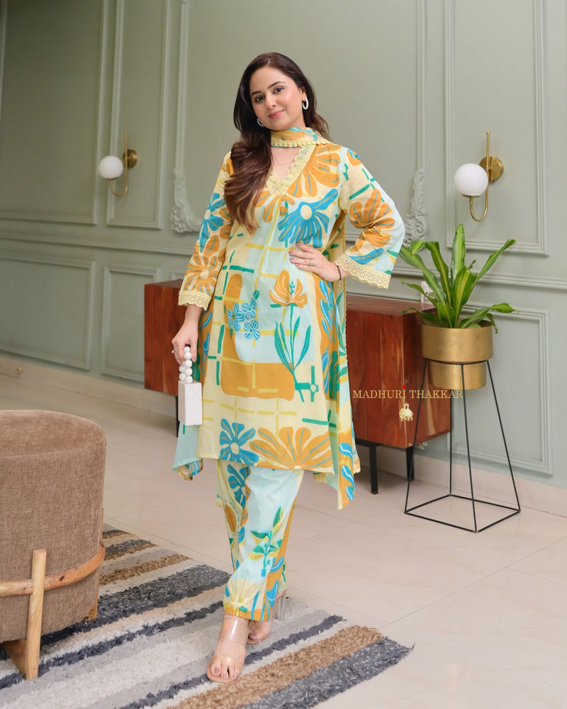 Yellow Blue Aline Premium Cotton Suit