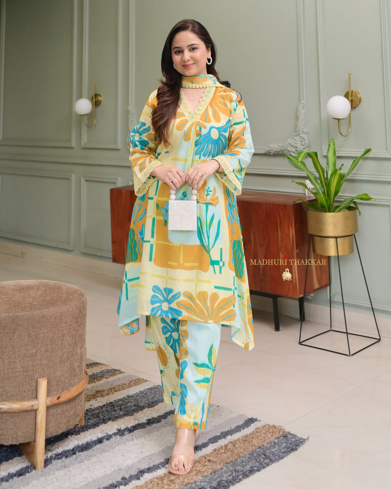 Yellow Blue Aline Premium Cotton Suit