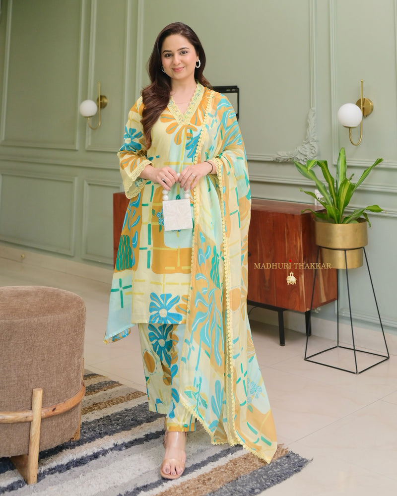 Yellow Blue Aline Premium Cotton Suit