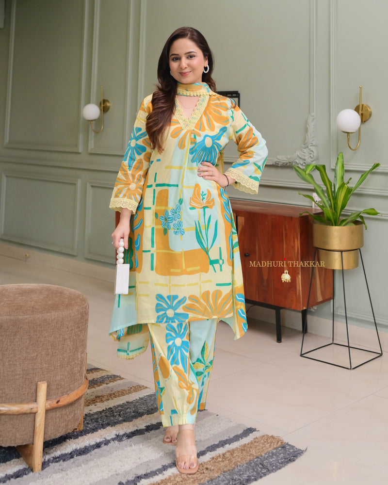 Yellow Blue Aline Premium Cotton Suit