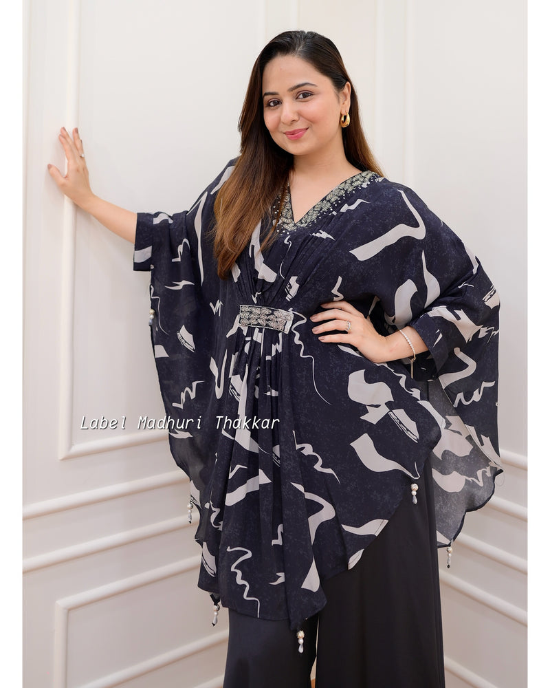 Black Floral Crepe Kaftan Sharara