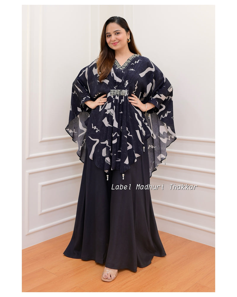 Black Floral Crepe Kaftan Sharara