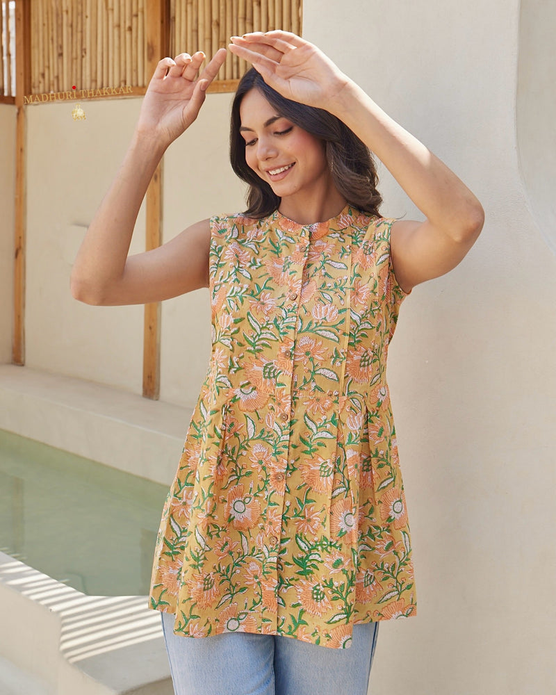 Yellow Orange Floral Sleeveless Tunic