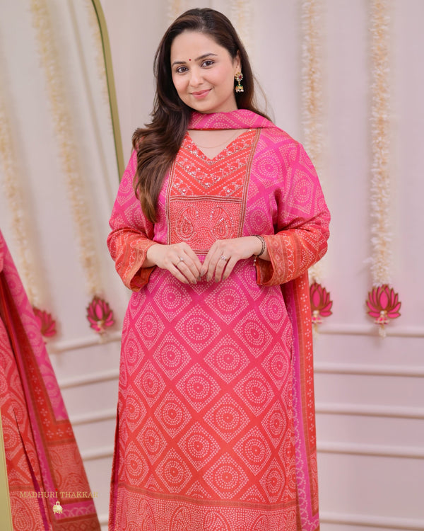 Pink Orange Bandhani Shimmer Handwork Festive Suit