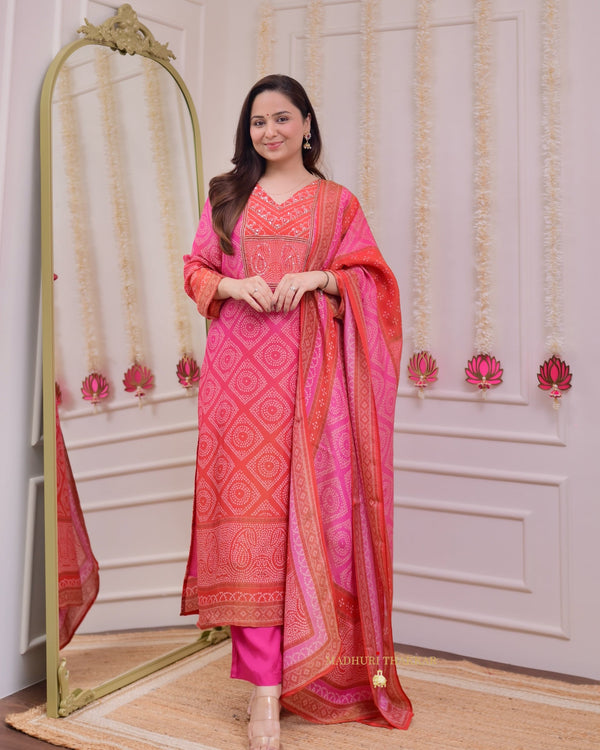 Pink Orange Bandhani Shimmer Handwork Festive Suit