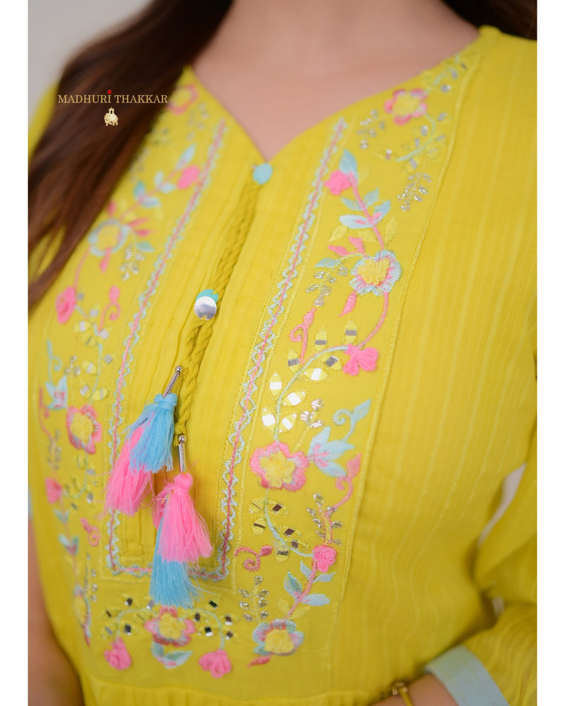 Yellow Cotton Embroidered Tassel Dress