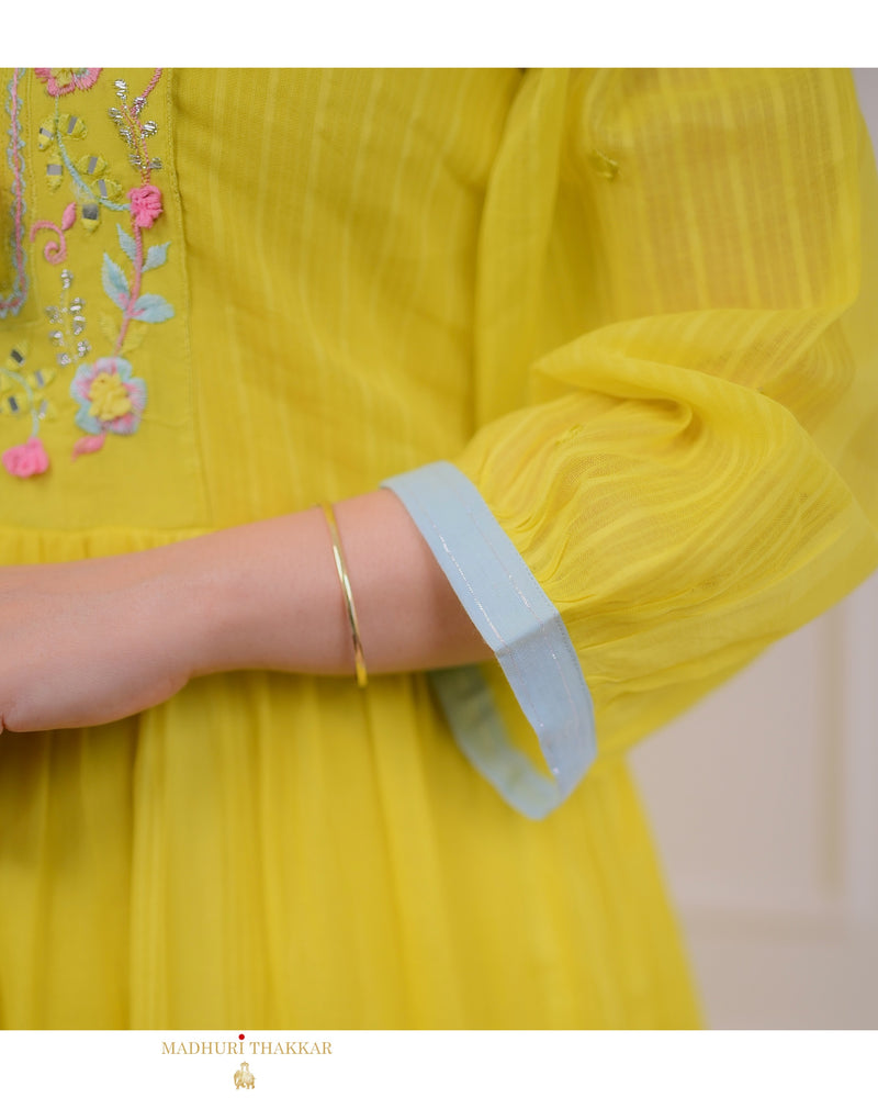 Yellow Cotton Embroidered Tassel Dress