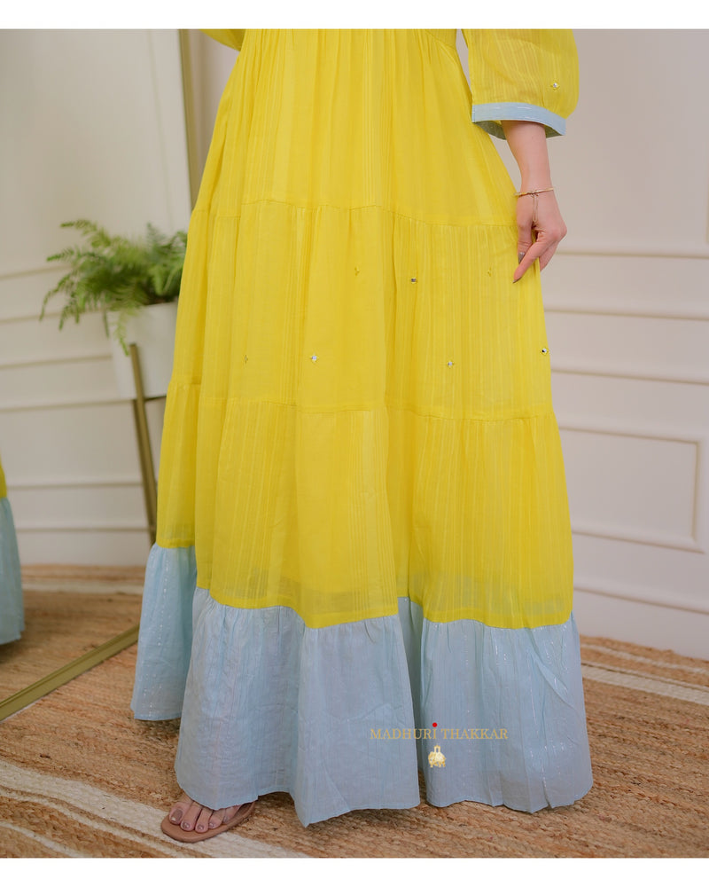 Yellow Cotton Embroidered Tassel Dress