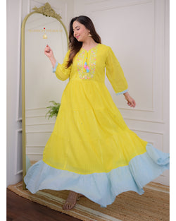 Yellow Cotton Embroidered Tassel Dress