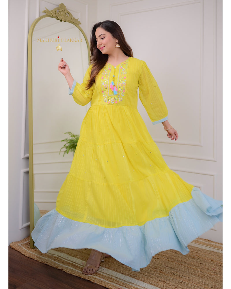 Yellow Cotton Embroidered Tassel Dress