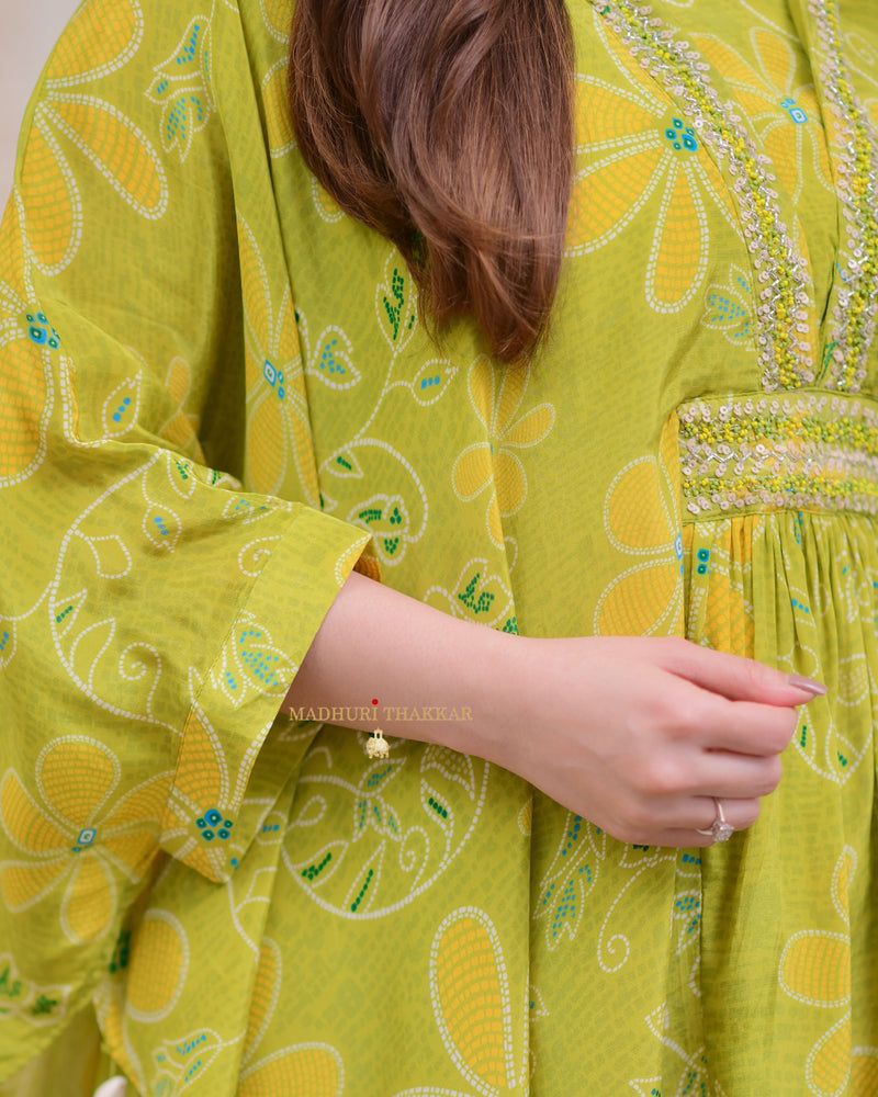 Greenish Yellow Handwork Crepe Kaftan Sharara Set