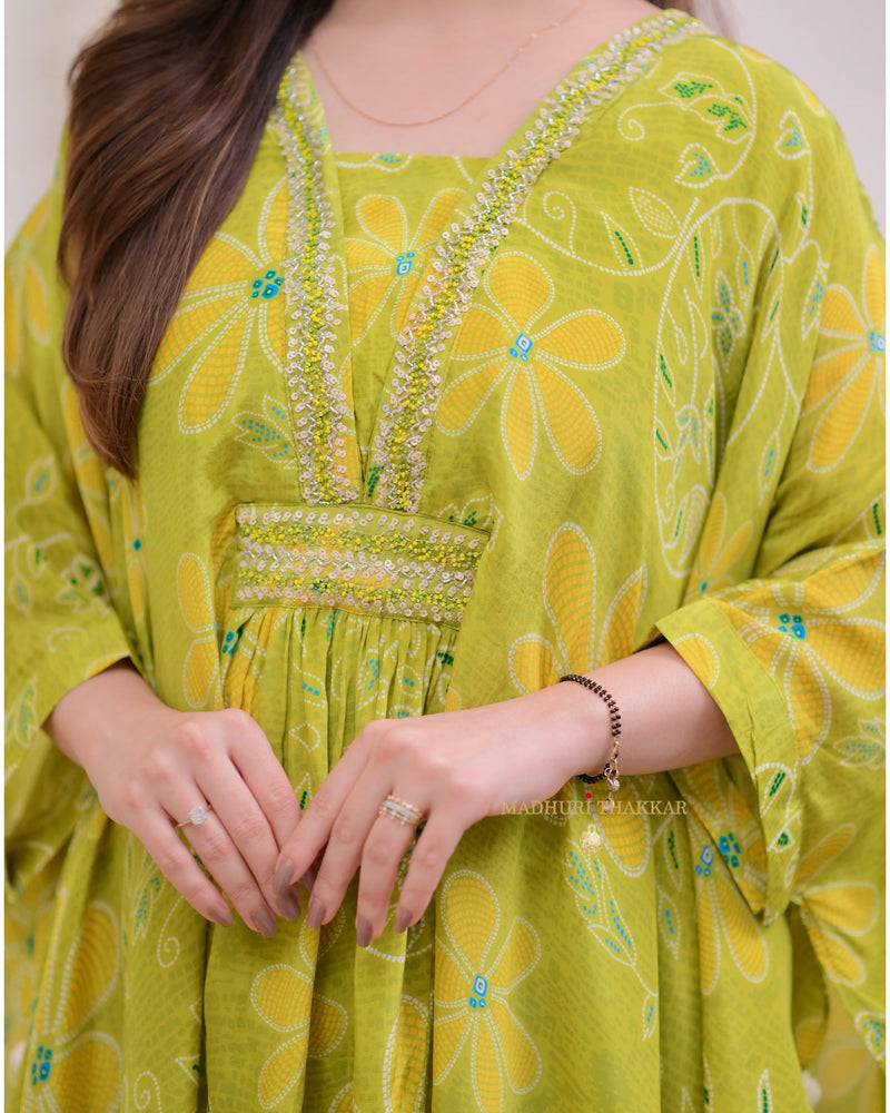 Greenish Yellow Handwork Crepe Kaftan Sharara Set