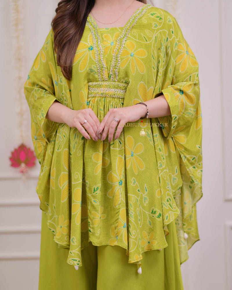 Greenish Yellow Handwork Crepe Kaftan Sharara Set