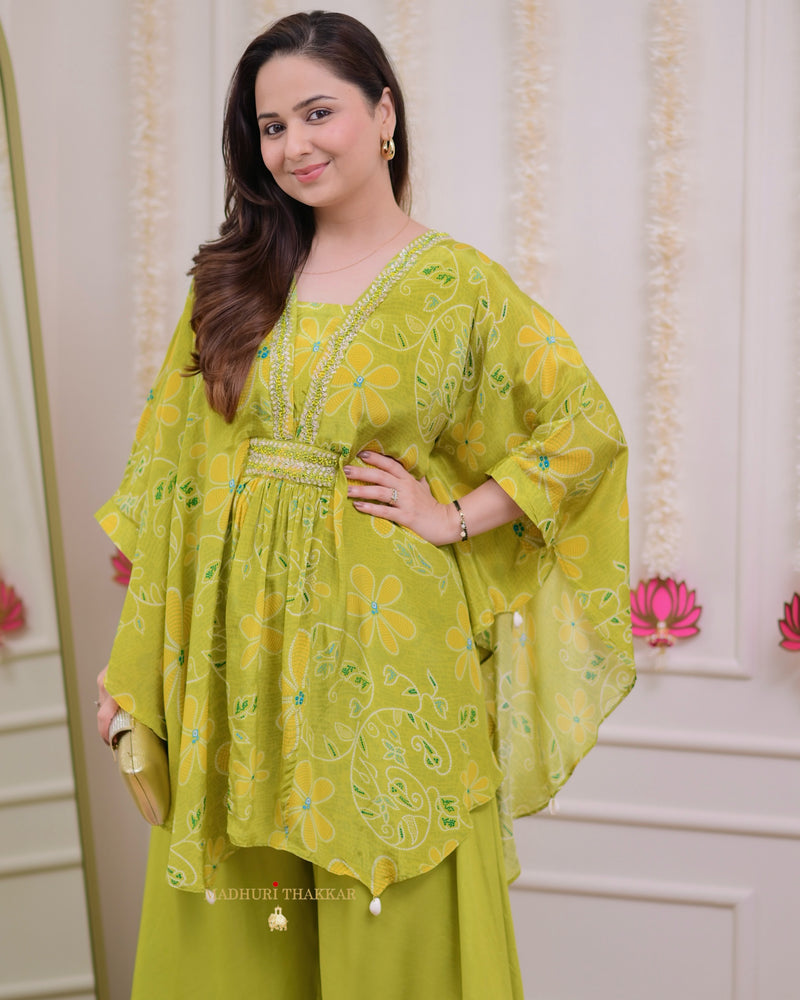 Greenish Yellow Handwork Crepe Kaftan Sharara Set