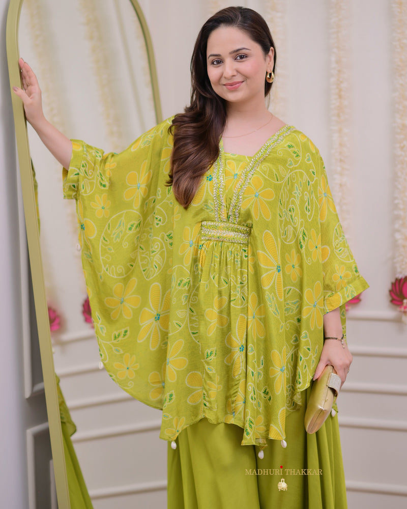 Greenish Yellow Handwork Crepe Kaftan Sharara Set