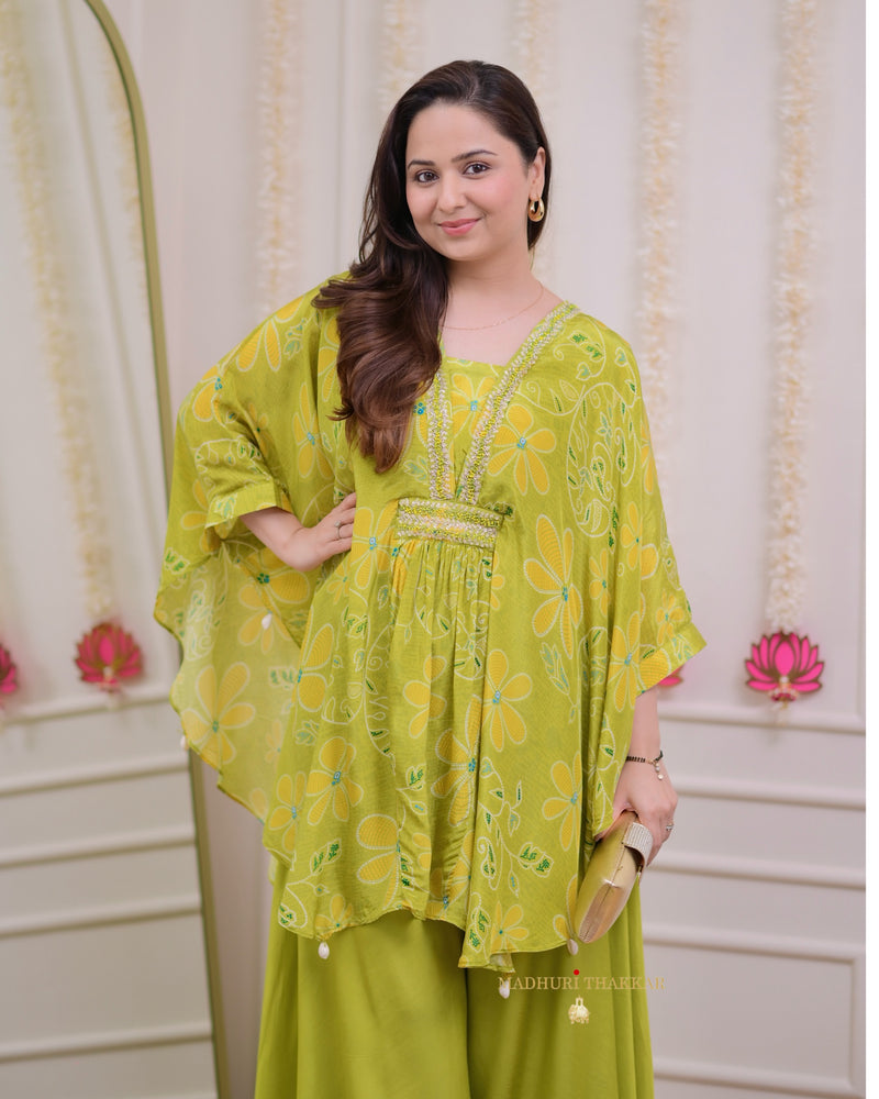 Greenish Yellow Handwork Crepe Kaftan Sharara Set