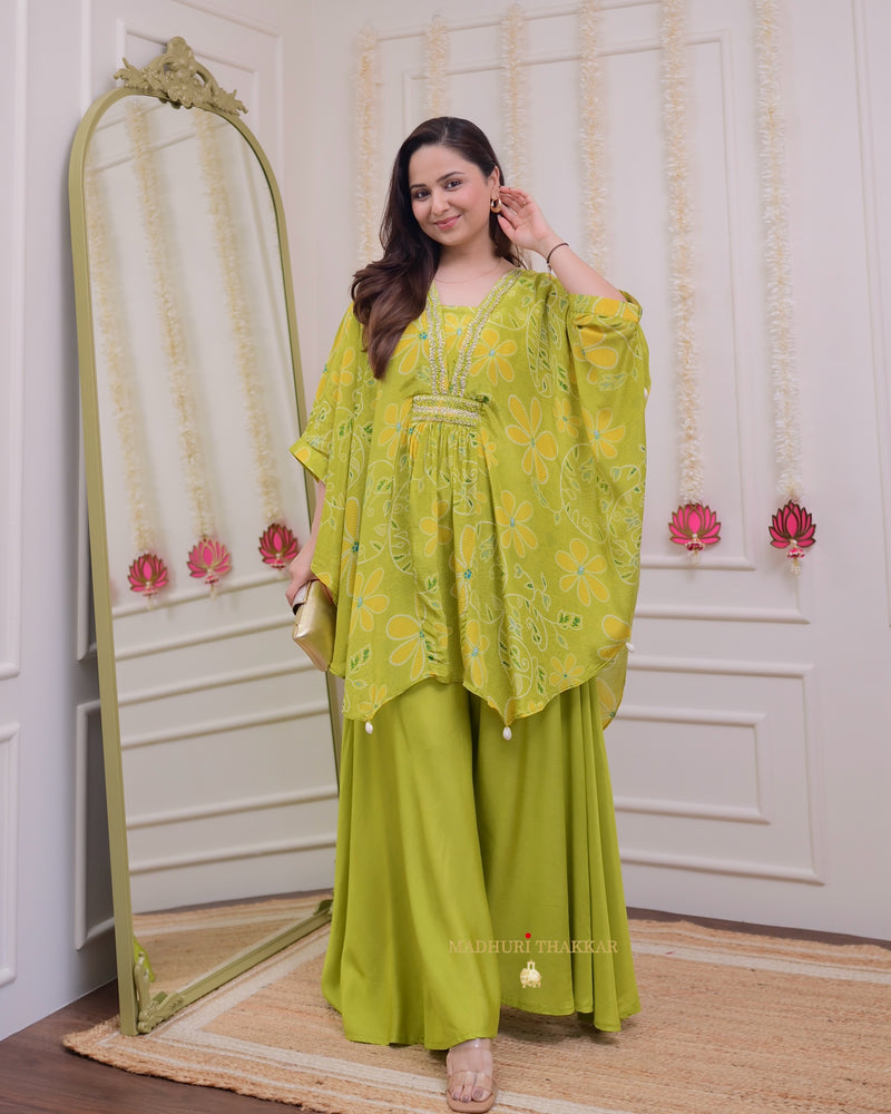 Greenish Yellow Handwork Crepe Kaftan Sharara Set