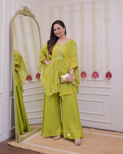 Greenish Yellow Handwork Crepe Kaftan Sharara Set