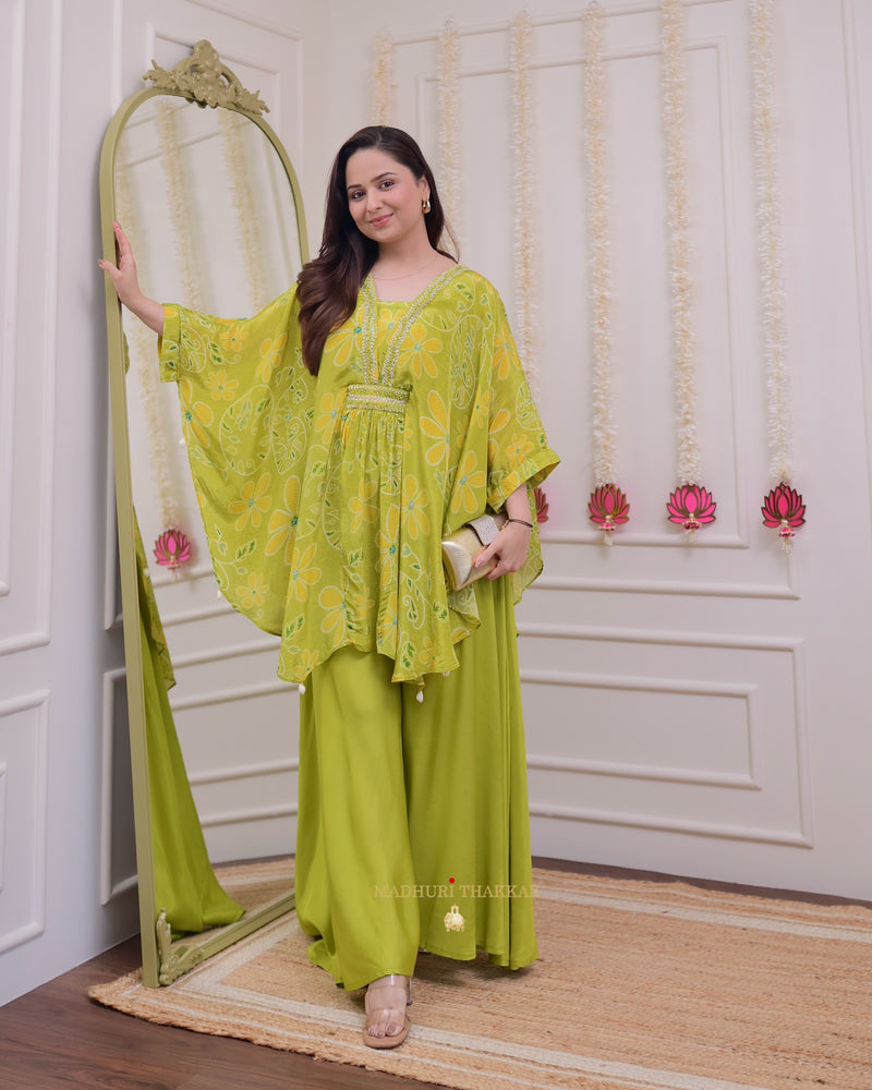 Greenish Yellow Handwork Crepe Kaftan Sharara Set