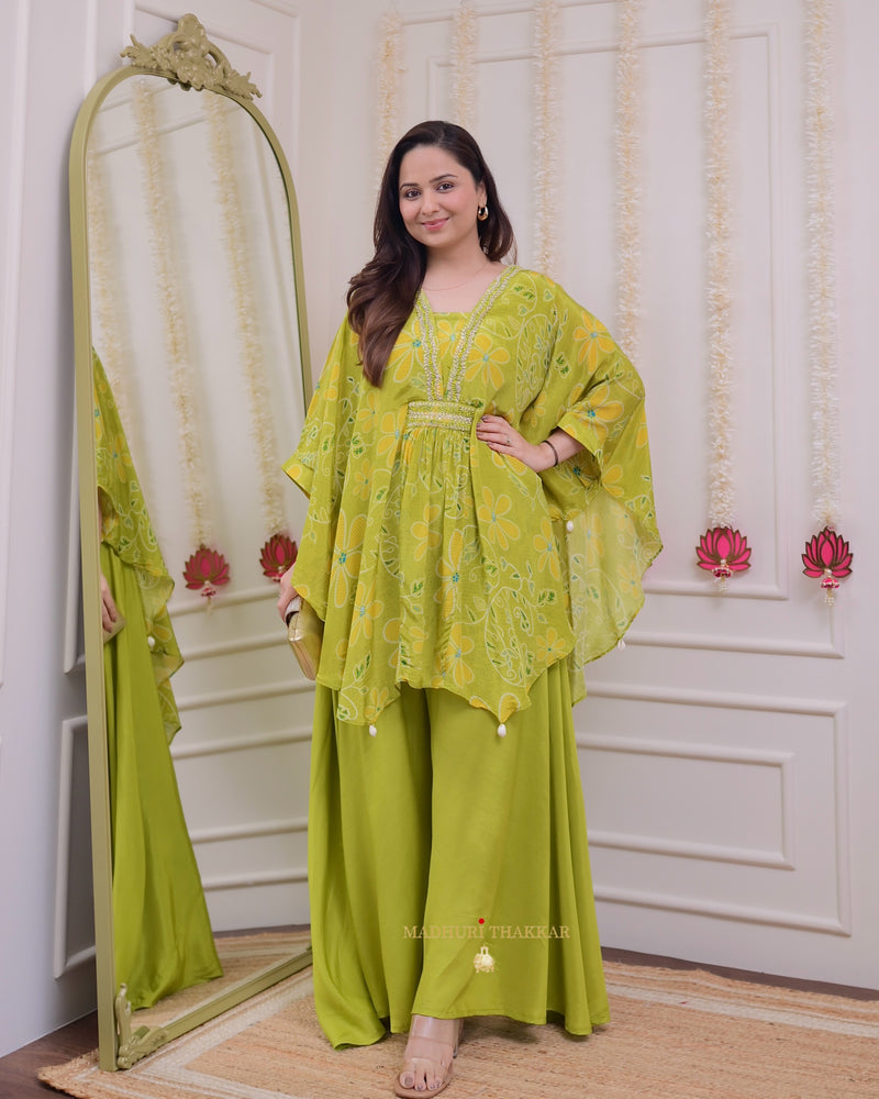 Greenish Yellow Handwork Crepe Kaftan Sharara Set