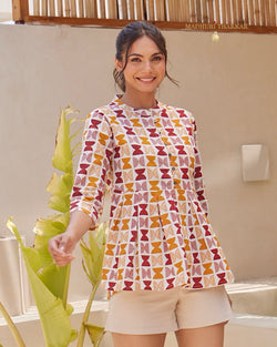 Mustard Red Geometric Cotton Tunic