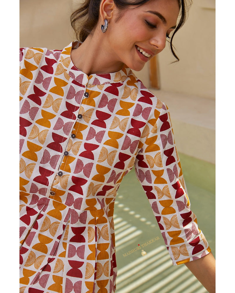 Mustard Red Geometric Cotton Tunic