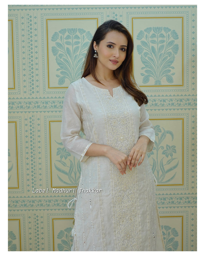 Ivory Lucknowi Chanderi Kurta Set