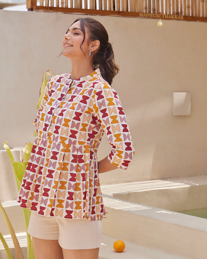 Mustard Red Geometric Cotton Tunic