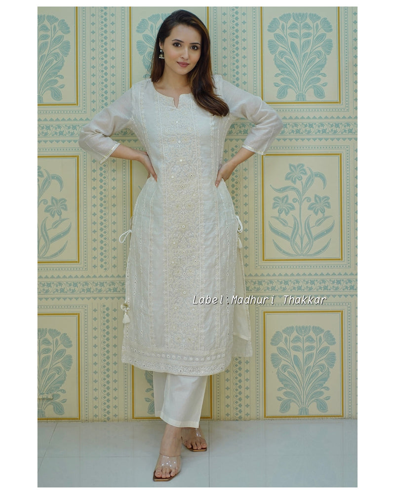 Ivory Lucknowi Chanderi Kurta Set