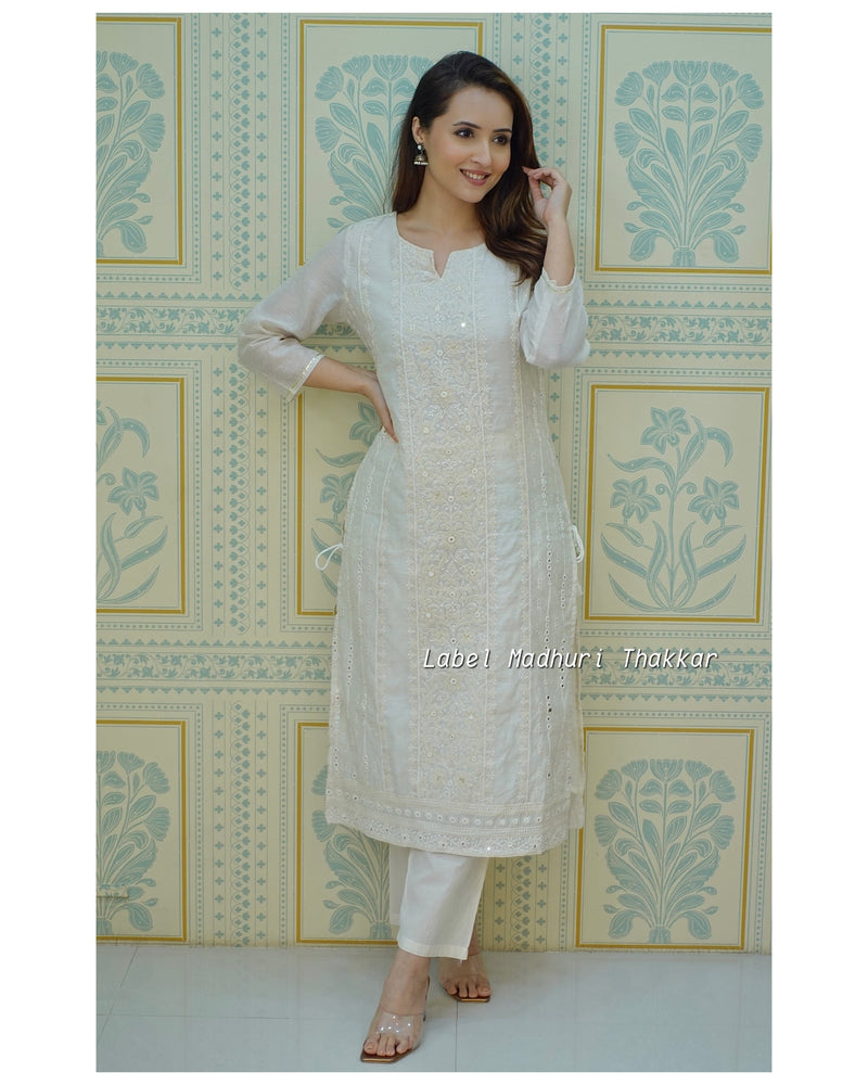 Ivory Lucknowi Chanderi Kurta Set