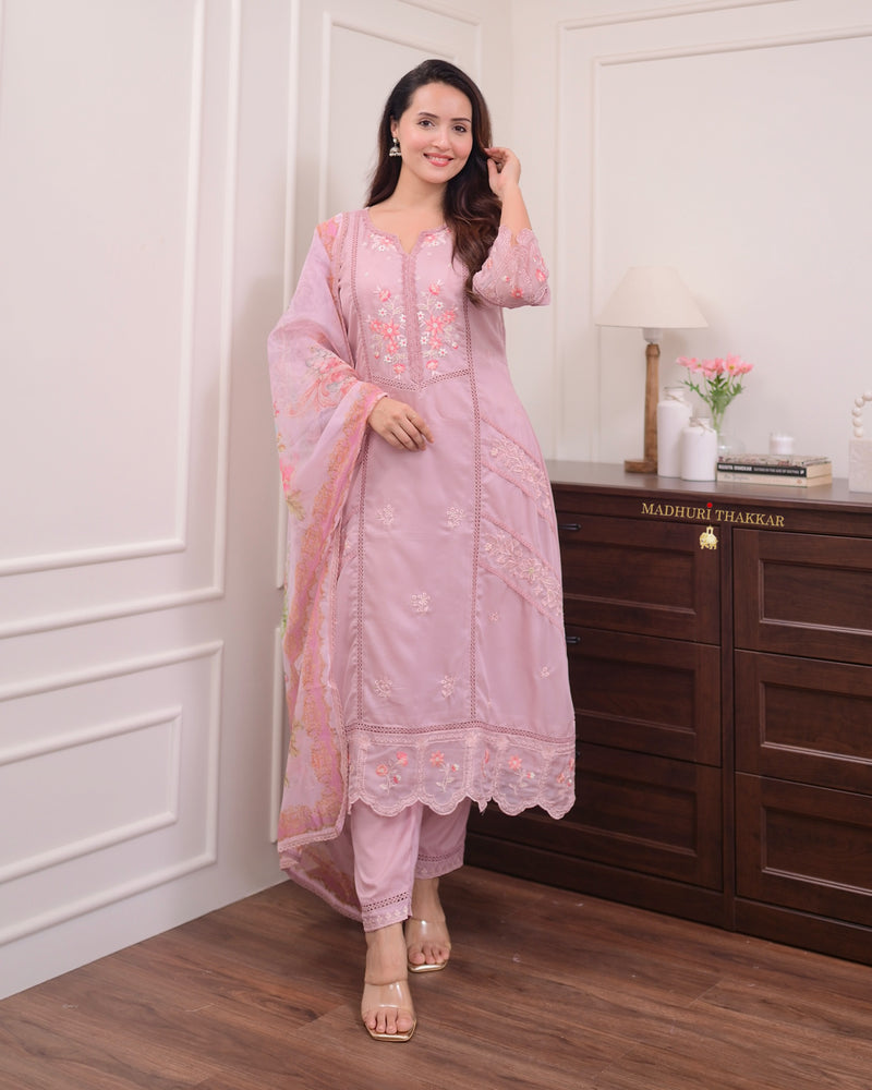 Mauve Threadwork Organza Pakistani Suit