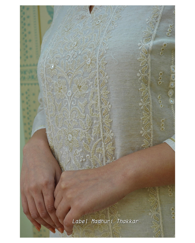 Ivory Lucknowi Chanderi Kurta Set