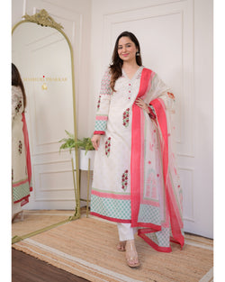 Ivory Red Floral Cotton Suit