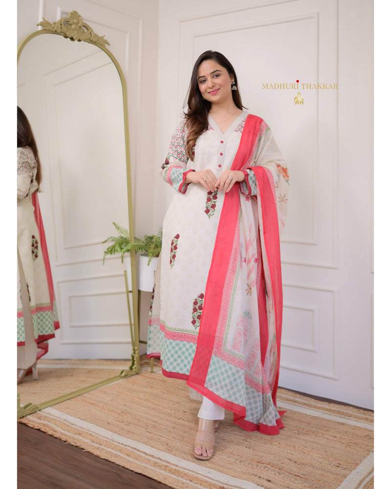 Ivory Red Floral Cotton Suit