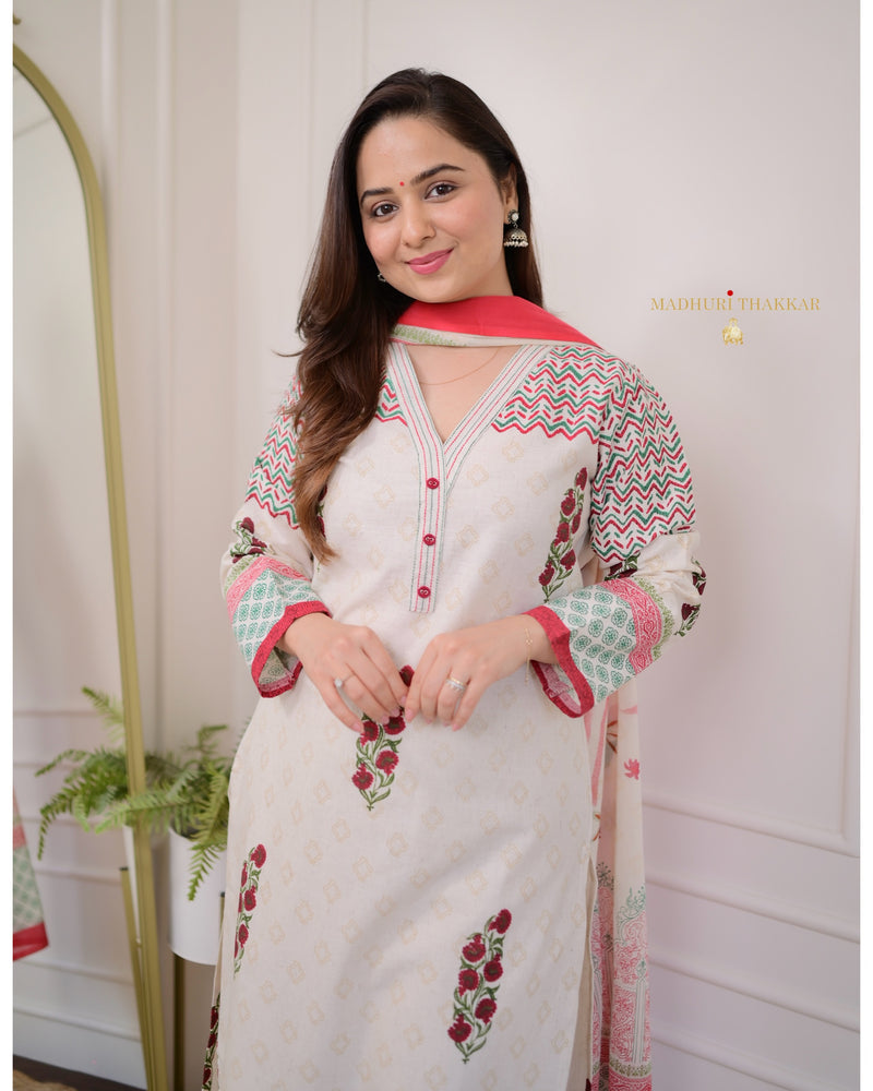 Ivory Red Floral Cotton Suit